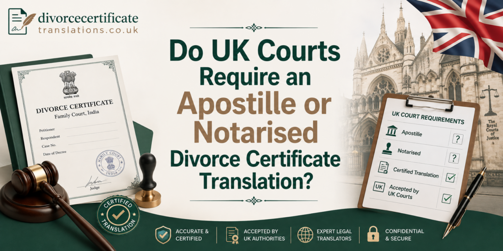 Divorce certificate translation for UK courts with apostille and notarisation requirements